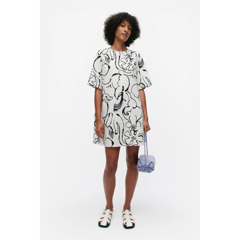 Marimekko Dress Women US‎ 4 34 White Black Kukkiva Baluns Floral Short Sleeve